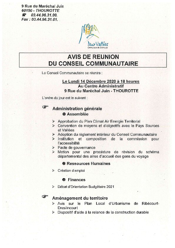Avis du Conseil Communautaire de la CC2V du 14 décembre 2020