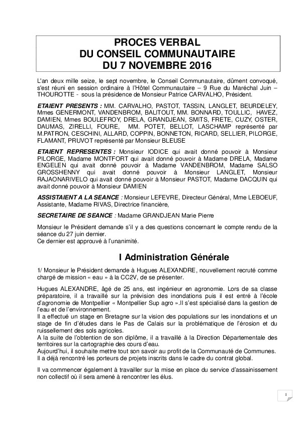 Compte rendu du Conseil Communautaire du 7 novembre 2016