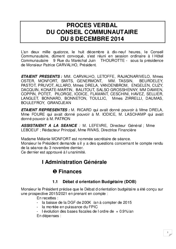 Compte rendu du Conseil Communautaire du 8 décembre 2014