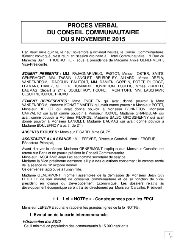 Conseil Communautaire du 9 novembre 2015
