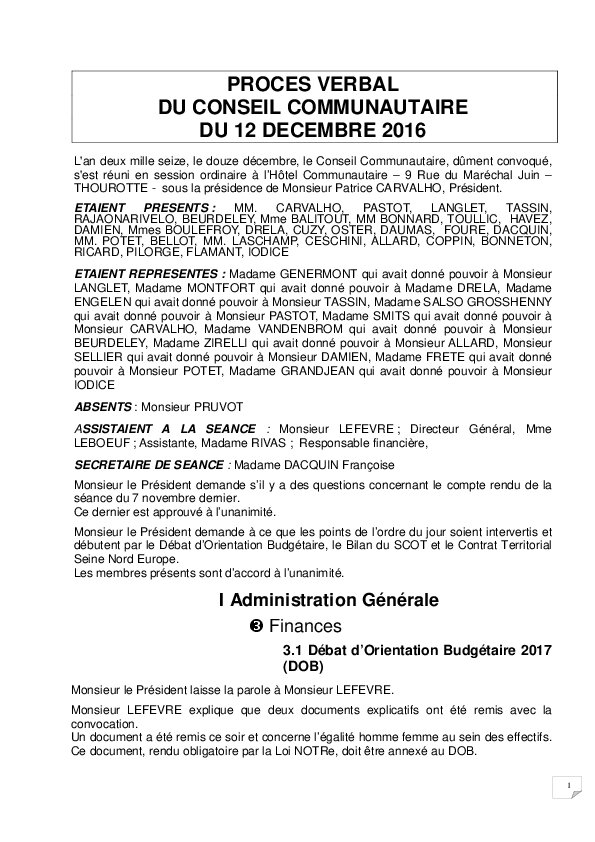 Compte rendu du Conseil Communautaire du 12 décembre 2016