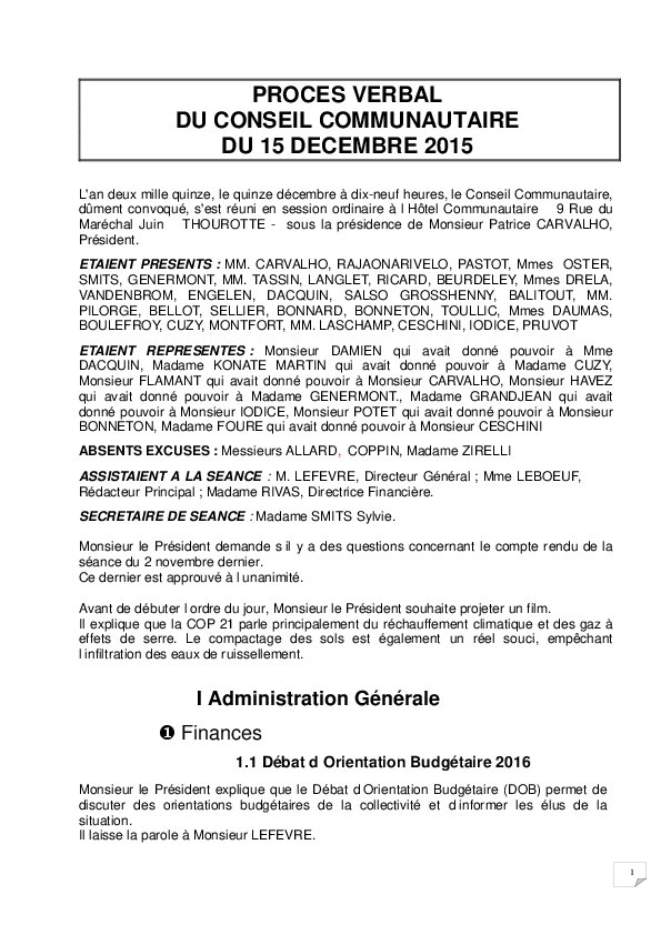 Compte rendu du Conseil Communautaire du 15 décembre 2015