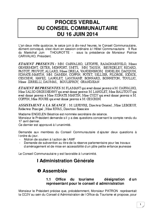 Compte rendu du Conseil Communautaire du 16 juin 2014