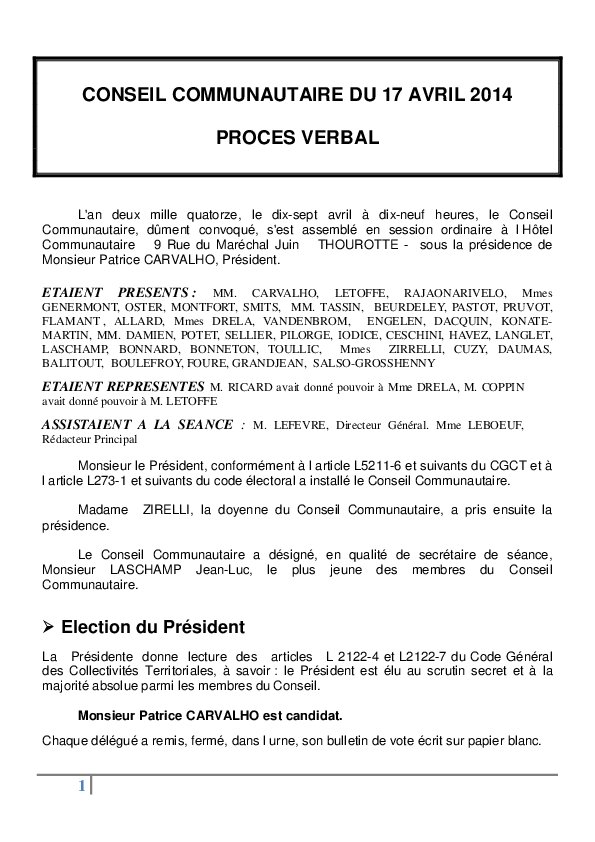 Compte rendu du Conseil Communautaire du 17 avril 2014