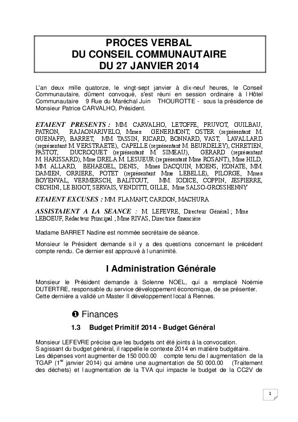 Compte rendu du Conseil Communautaire du 27 janvier 2014