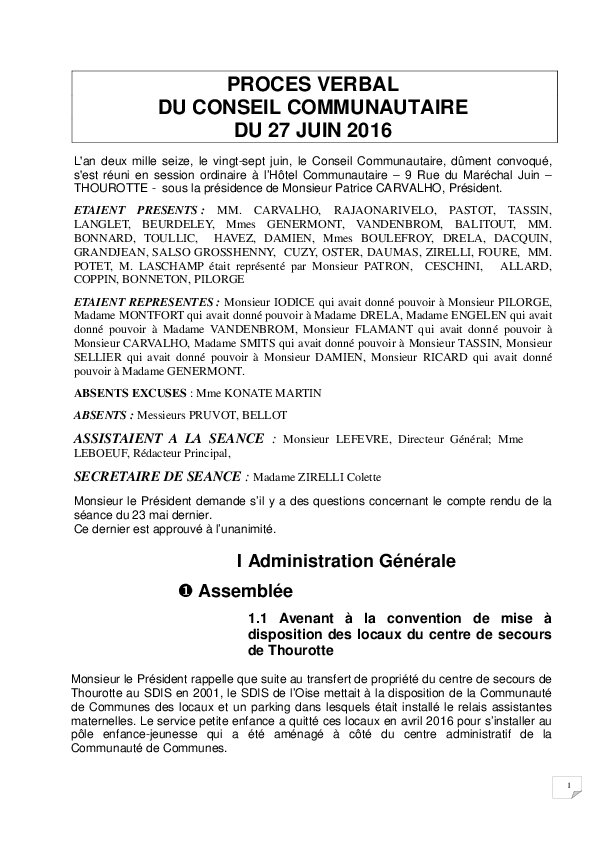 Compte rendu du Conseil Communautaire du 27 juin 2016