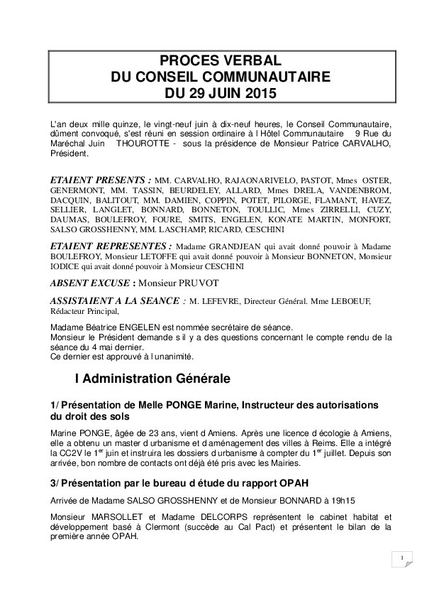 Compte rendu du Conseil Communautaire du 29 juin 2015