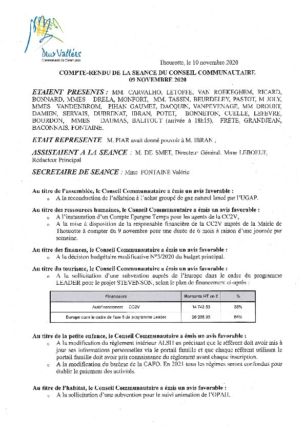 Compte rendu d'affichage du Conseil Communautaire du 9 novembre 2020