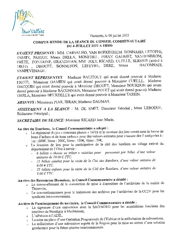 Compte rendu du Conseil Communautaire du 4 juillet 2022