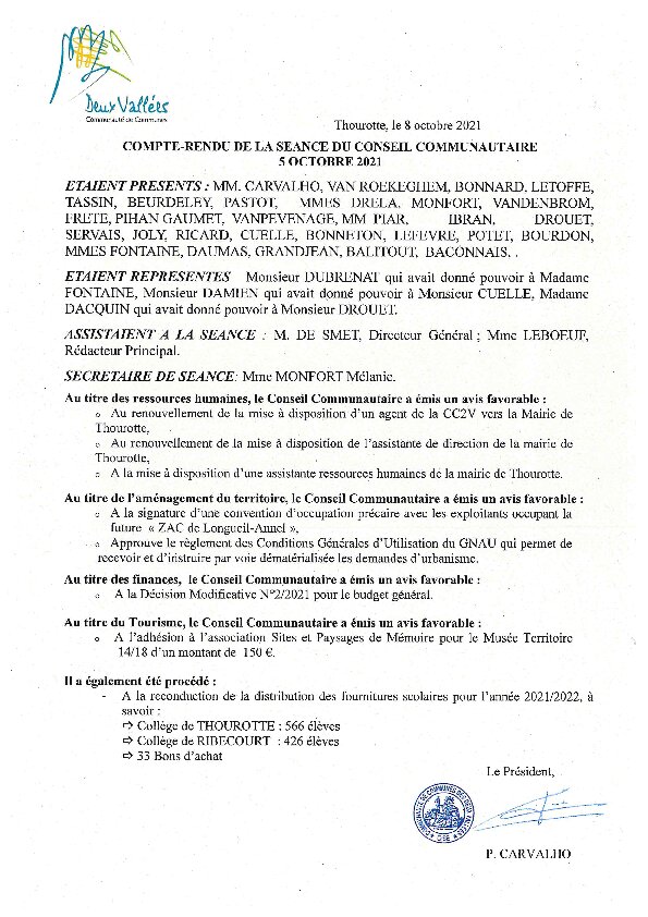 Compte rendu d'affichage du Conseil Communautaire du 5 octobre 2021