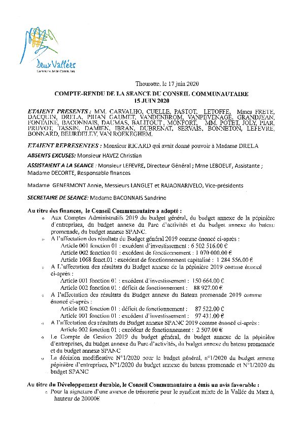 Compte rendu d'affichage du Conseil Communautaire de la CC2V du 15 juin 2020