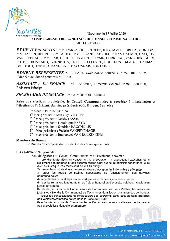 Compte rendu de séance du Conseil Communautaire du 15 juillet 2020