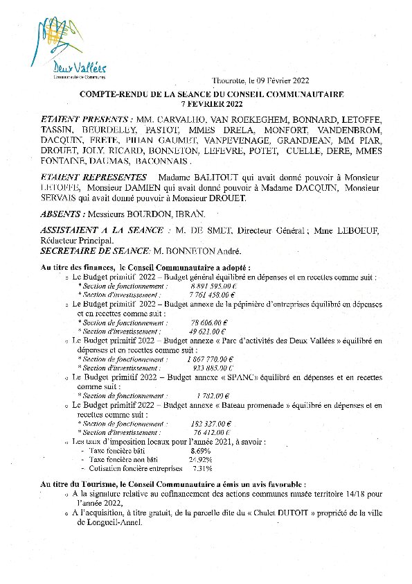 Compte rendu d'affichage du Conseil Communautaire du 7 février 2022