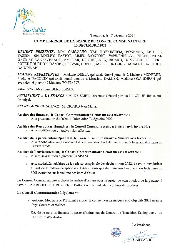  Compte rendu d'affichage du Conseil Communautaire du 15 décembre 2021