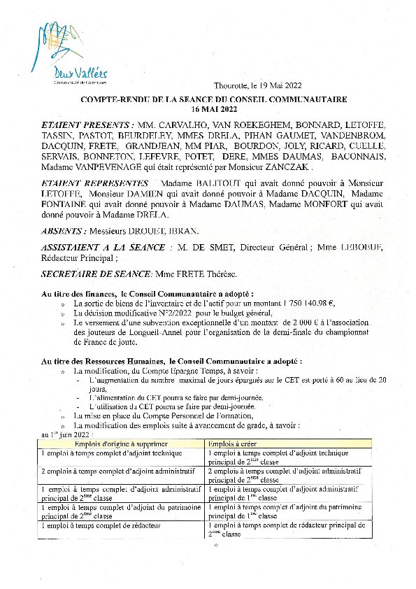 Compte rendu d'affichage du Conseil Communautaire du 16 mai 2022