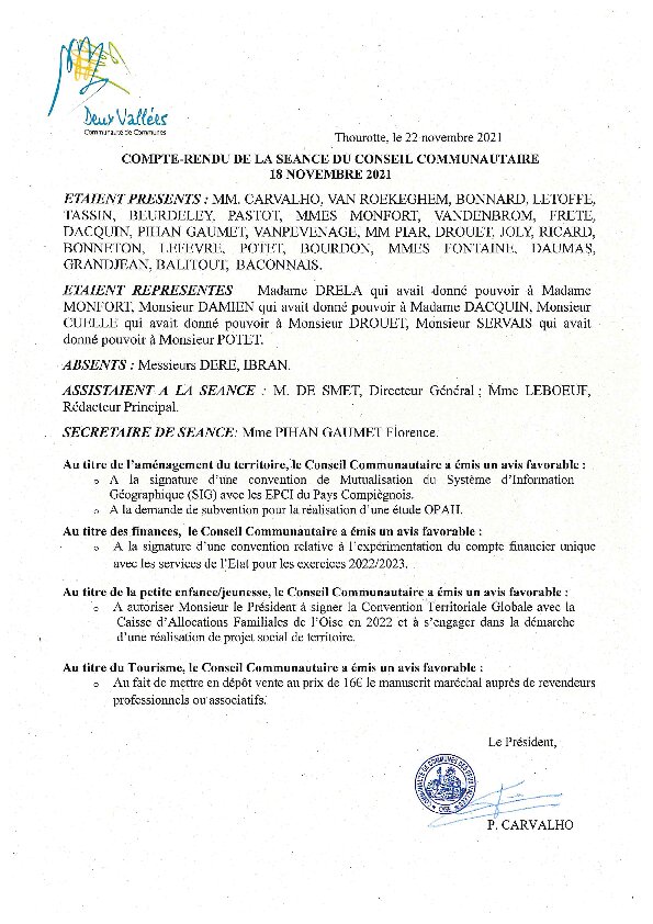 Compte rendu d'affichage du Conseil Communautaire du 18 novembre 2021