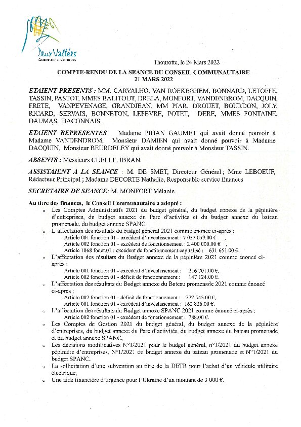 Compte rendu d'affichage du Conseil Communautaire du 21 mars 2022