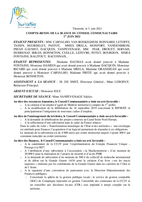 Compte rendu d'affichage du Conseil Communautaire du 1er juin 2021