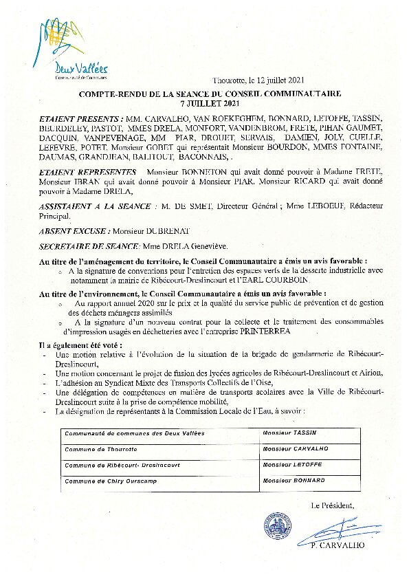 Compte rendu d'affichage du Conseil Communautaire au 7 juillet 2021