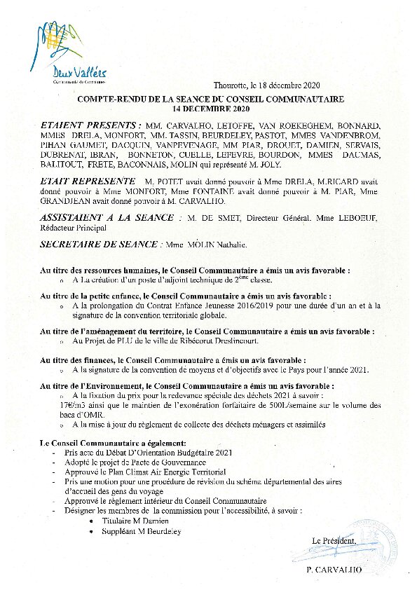 Compte rendu du Conseil Communautaire du 14 décembre 2020