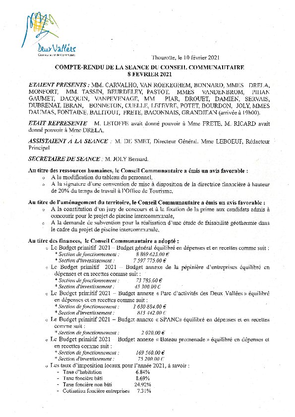 Compte rendu d'affichage du Conseil Communautaire du 8 février 2021