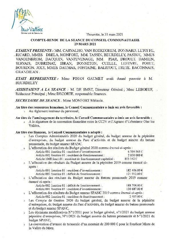 Compte rendu d'affichage du Conseil Communautaire CC2V du 29 mars 2021