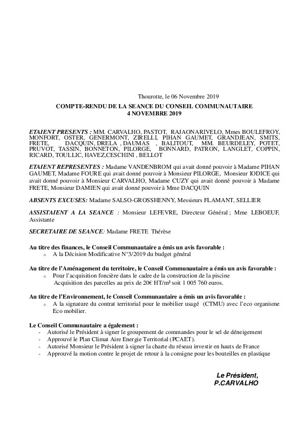 Compte rendu d'affichage de la réunion du 4 novembre 2019