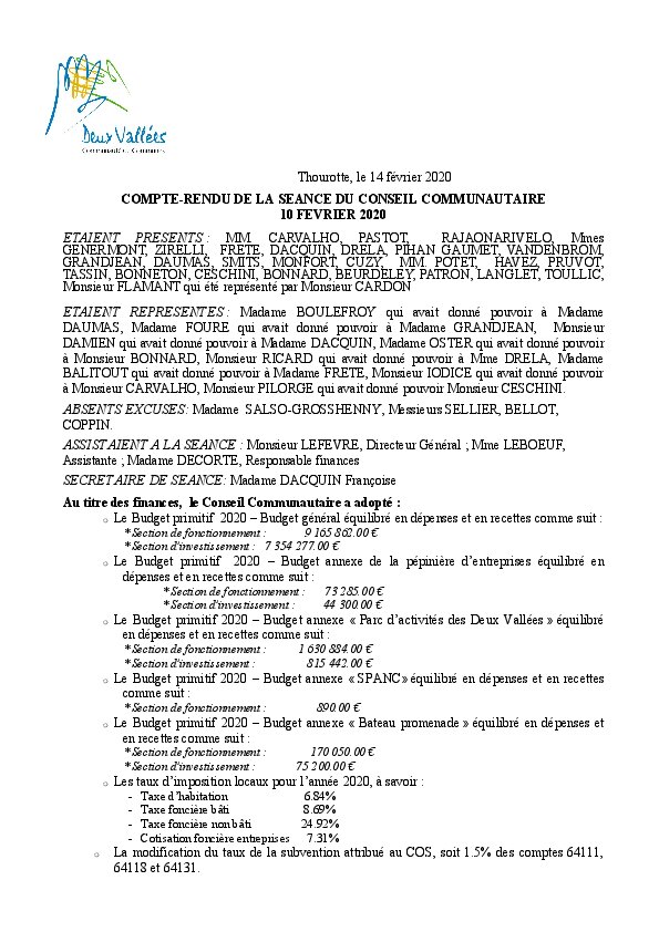 Compte rendu d'affichage du Conseil Communautaire du 10 février 2020
