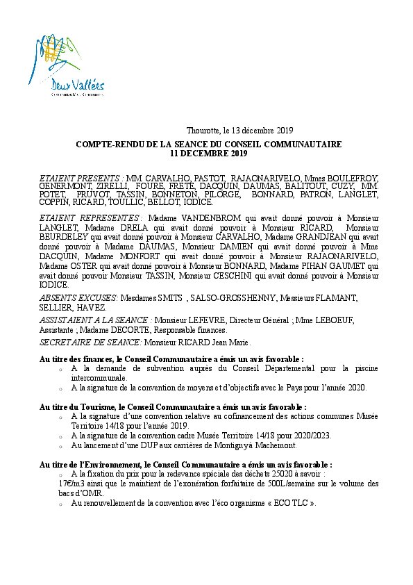 Compte rendu d'affichage du  Conseil Communautaire 11 décembre 2019