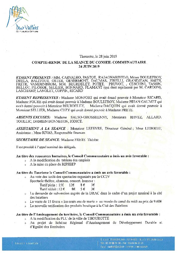 Compte rendu d'affichage Conseil Communautaire du 24 juin 2019