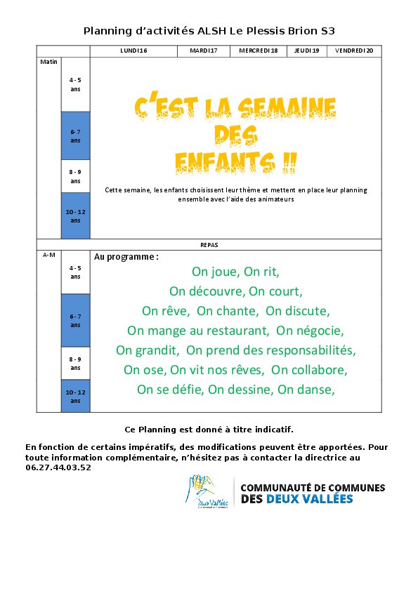 Planning d’activités ALSH - 3ème semaine - Le Plessis Brion