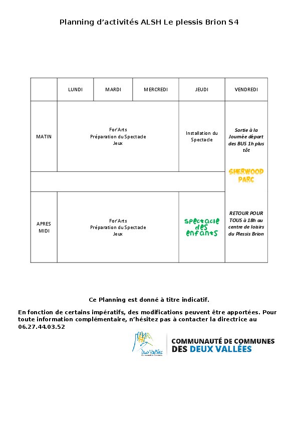 Planning d’activités ALSH - 4ième semaine - Le Plessis Brion 