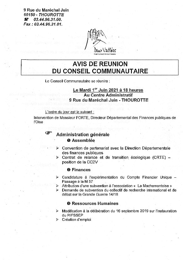 Ordre du jour du Conseil Communautaire de la CC2V du 1er juin 2021