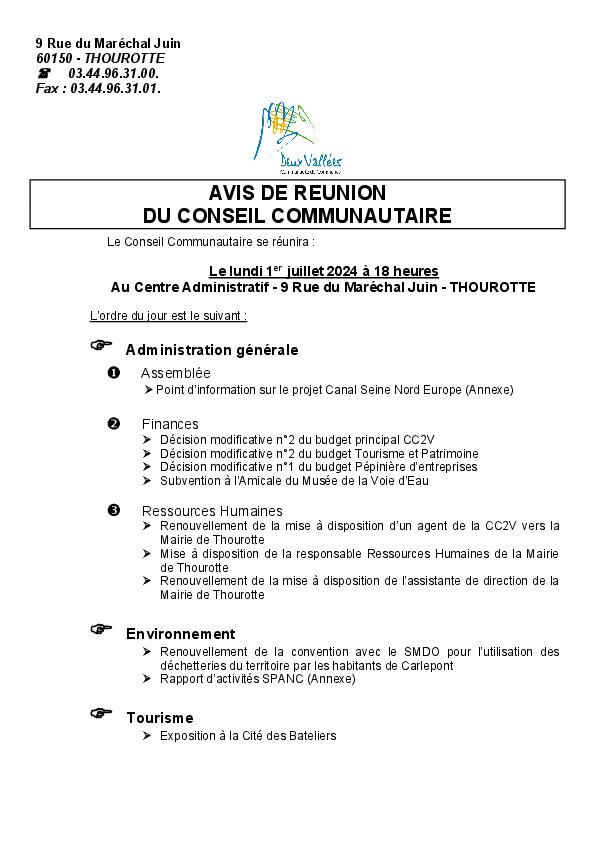 Ordre du jour du Conseil Communautaire du 1er juillet 2024