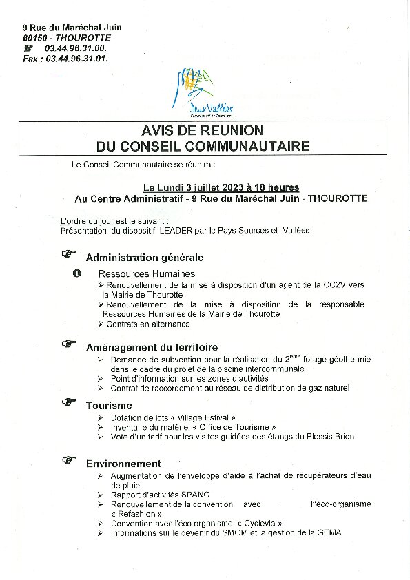 Ordre du jour du Conseil Communautaire du 3 juillet 2023
