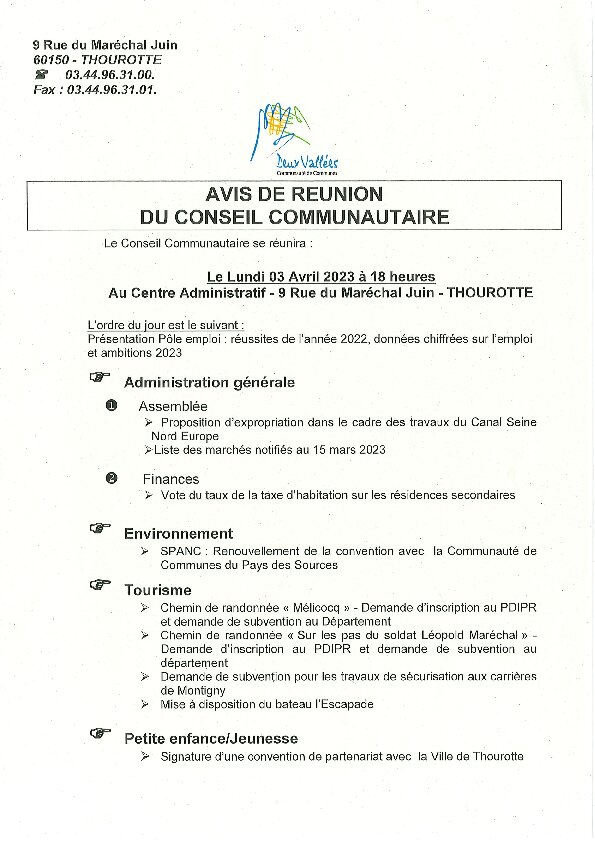 Ordre du jour du Conseil Communautaire du 3 avril 2023