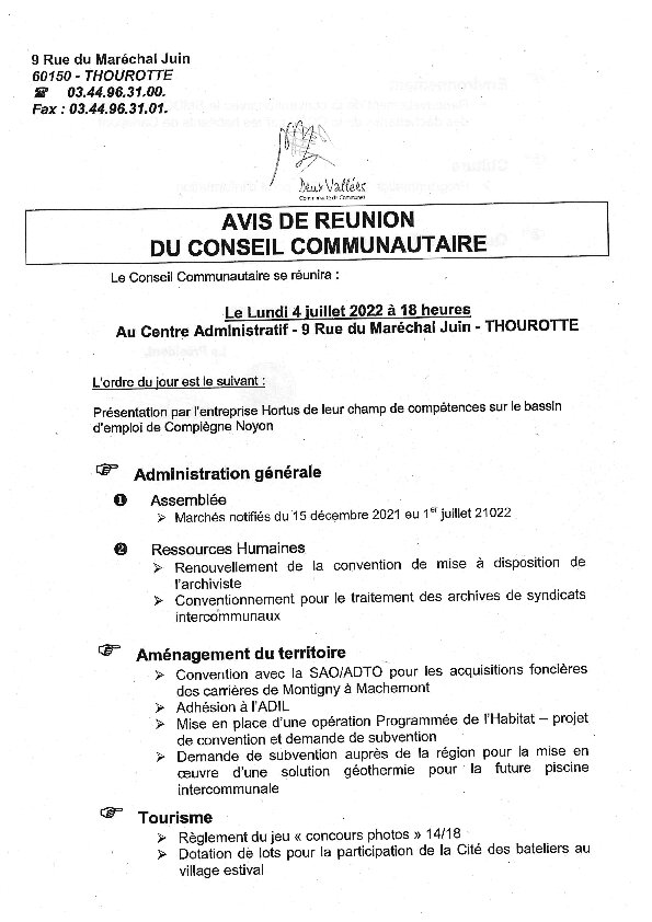 Ordre du jour du Conseil Communautaire de la CC2V du 04 juillet 2022