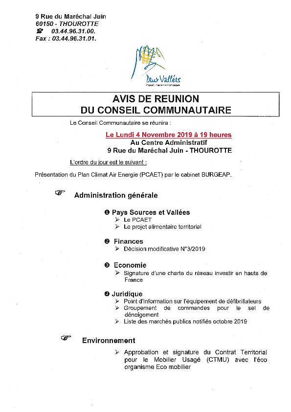 Ordre du jour du CC du 4 novembre 2019