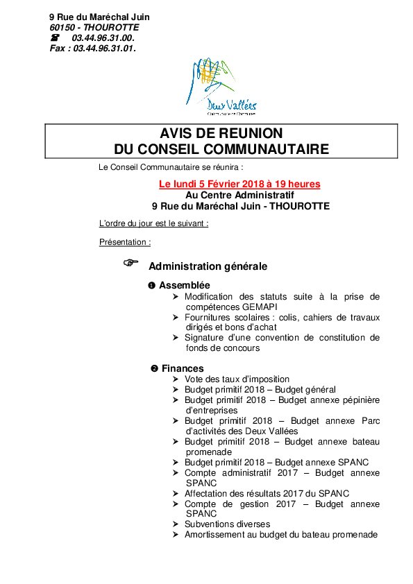 Ordre du jour du Conseil Communautaire du 5 février 2018
