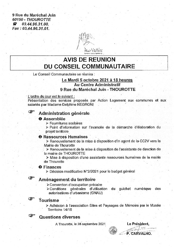 Ordre du jour du Conseil Communautaire du 5 octobre 2021