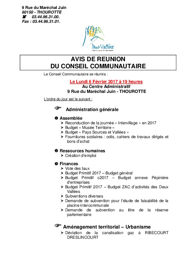 Ordre du jour du Conseil Communautaire du 6 février 2017