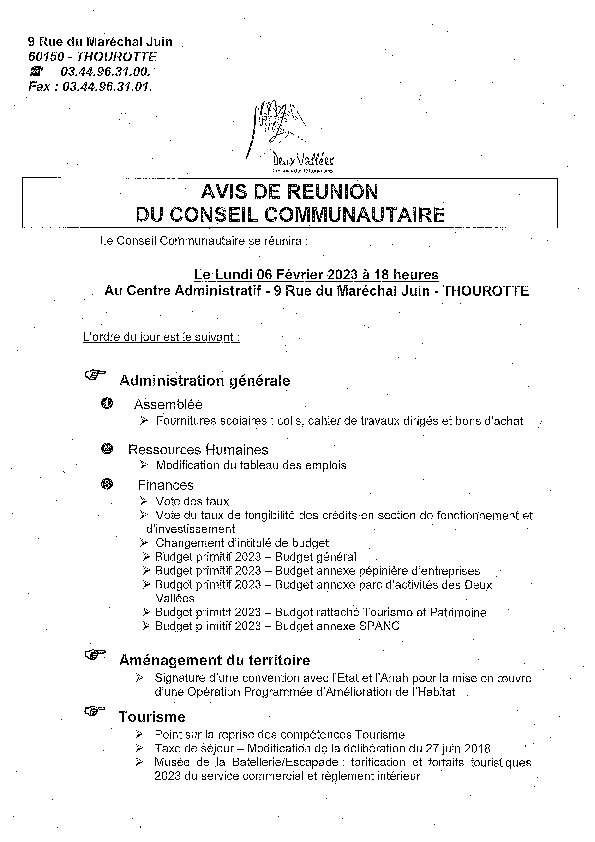 Ordre du jour du Conseil Communautaire du 6 février 2023