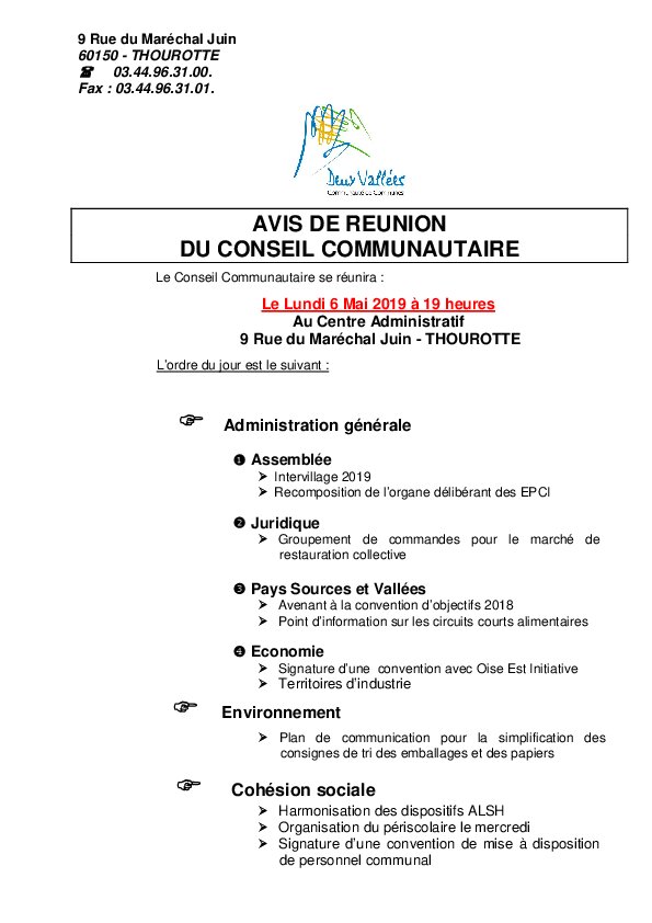 Ordre du jour du Conseil Communautaire du 6 mai 2019