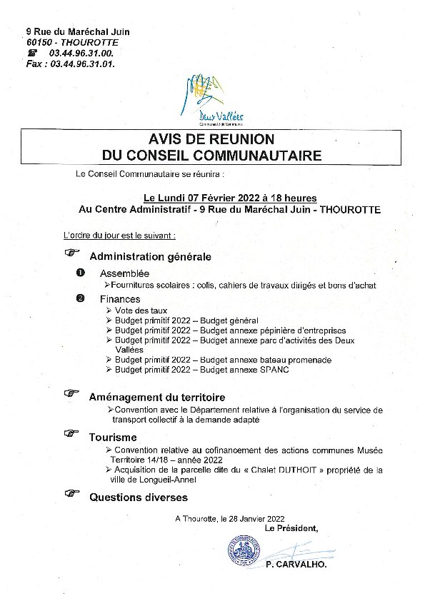 Ordre du jour du Conseil Communautaire de la CC2V du 7 février 2022