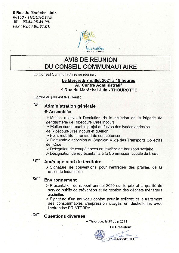 Ordre du jour du Conseil Communautaire du 7 juillet 2021