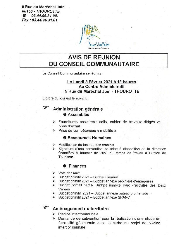 Ordre du jour du Conseil Communautaire du 8 février 2021