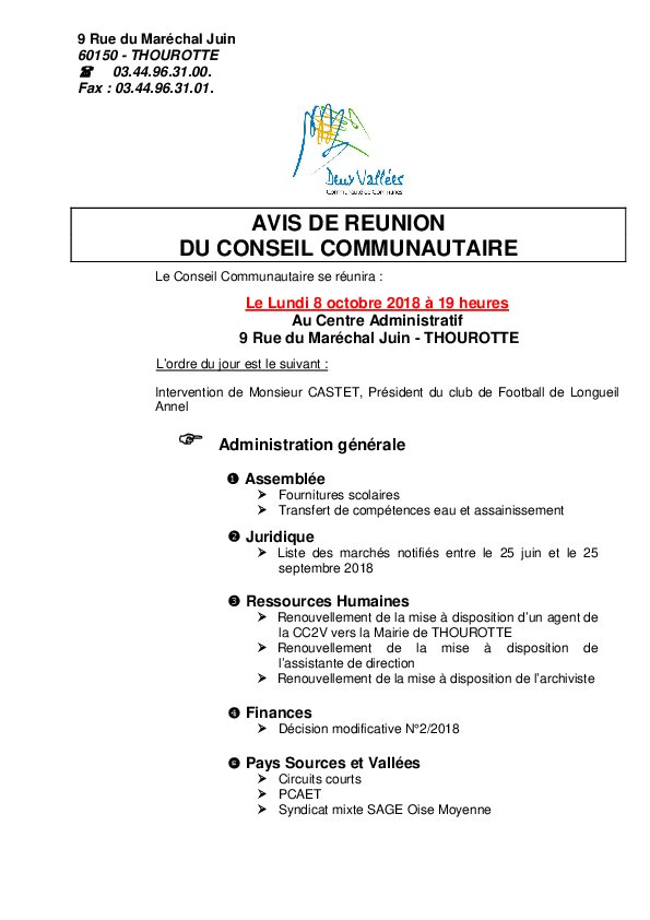 Ordre du Jour du Conseil Communautaire de la CC2V du 8 octobre 2018