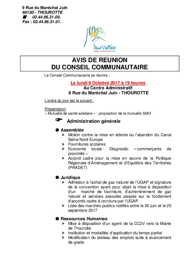 Ordre du jour du Conseil Communautaire du 9 octobre 2017