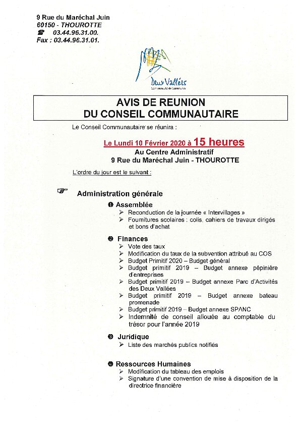Ordre du jour du Conseil Communautaire du 10 février 2020