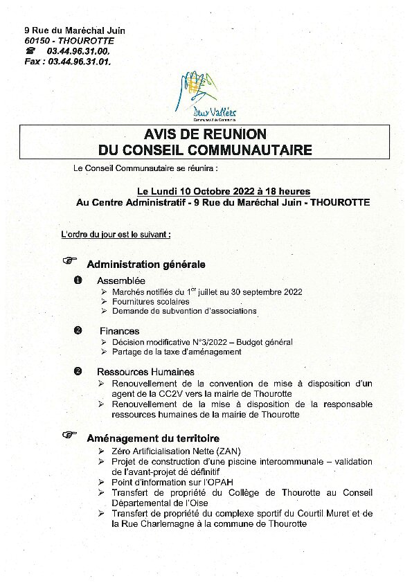 Ordre du jour du Conseil Communautaire du 10 octobre 2022